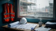A UK construction site office cabin at early morning, rain-streaked window, a laptop open on a cluttered desk beside a rolled set of drawings and a hi-vis vest on a hook, a mug of tea steaming, muted
