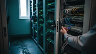 A small UK data centre server room seen from outside through an open door, a technician's hand adjusting a labelled network cable at a rack, rows of humming equipment with status lights, early morning