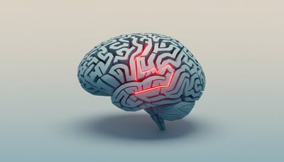 3D illustration of a brain-shaped maze with illuminated red pathways, representing AI decision-making in insurance