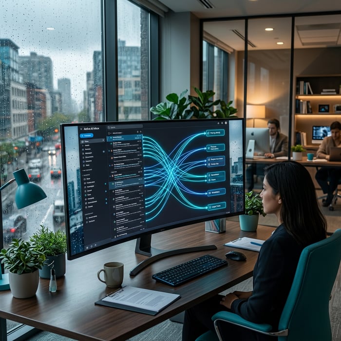 Email inbox with AI sorting visualisation on monitor