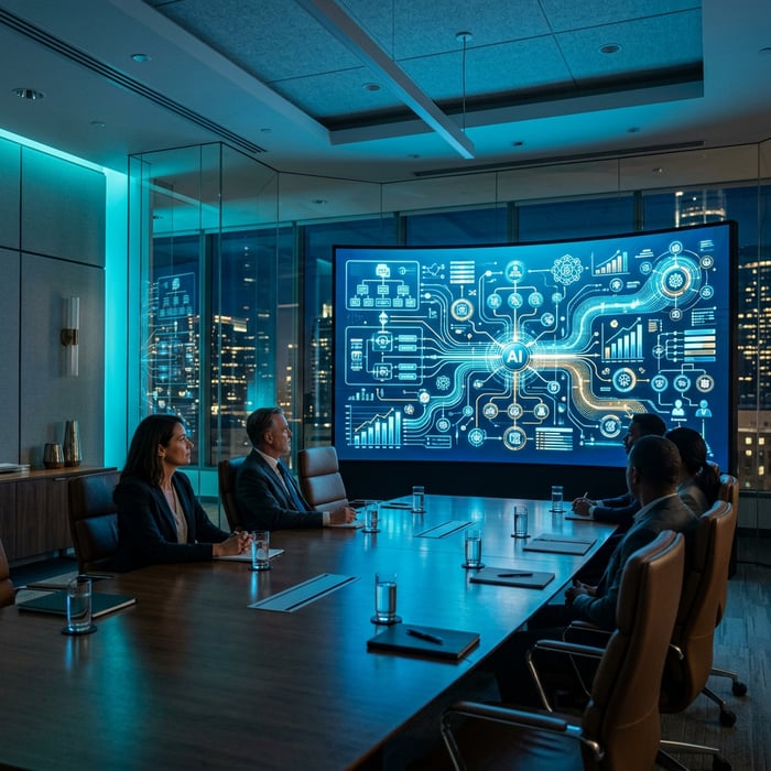 Corporate boardroom with AI governance framework display