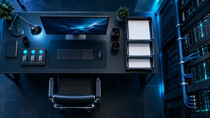 An overhead view of a secure office workstation with physical approval switches, neatly arranged document trays and connected database hardware, with no text, logos or faces.