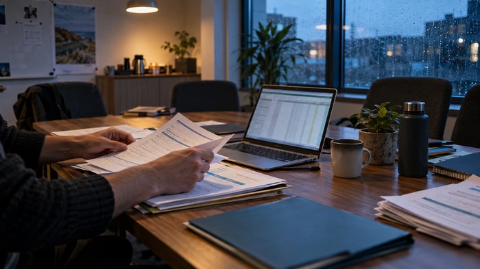 A small UK company’s meeting room at dusk after a staff briefing: an employee’s hands sort printed licence and training documents beside an open laptop showing an unrecognisable spreadsheet, while sev
