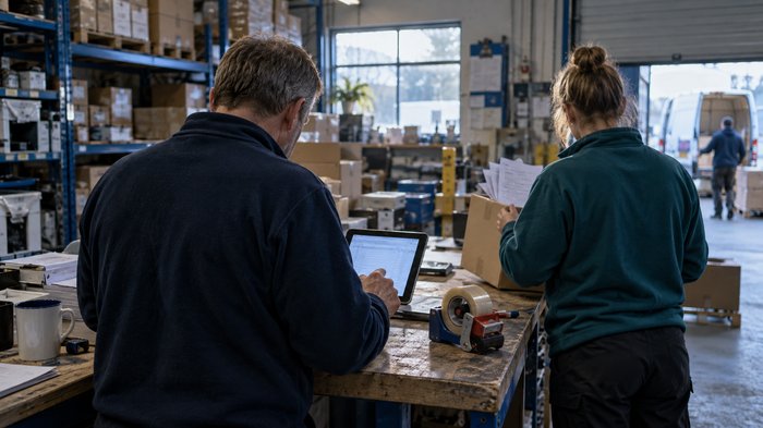 A small British wholesale warehouse in late afternoon, photographed over the shoulder of a sales supervisor reviewing a proposed customer quotation on a tablet beside a packing bench. A colleague wait