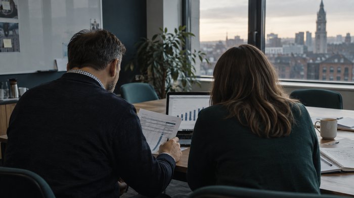 Photograph a quiet operations meeting room in a UK office at early morning: an IT lead and finance colleague, seen from behind, compare a printed 36-month cost spreadsheet with a laptop showing a simp