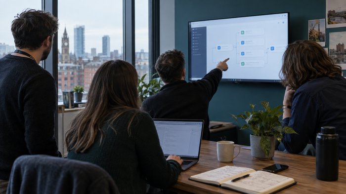 A realistic early-morning scene in a modest UK office in Manchester: a small IT team gathered around a wall-mounted screen showing a simple AI assistant interface with indistinct, unreadable content.