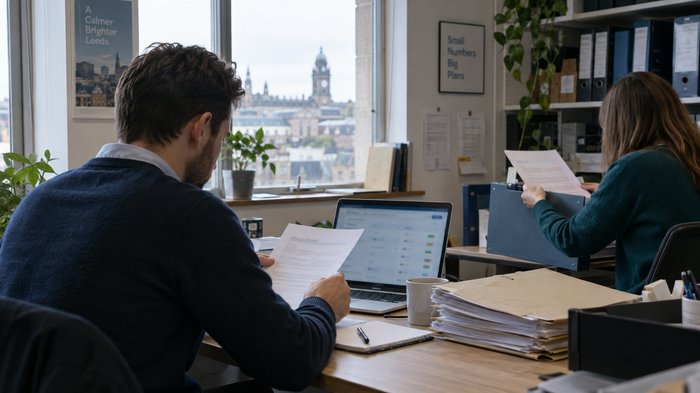 A small accountancy office in Leeds on a bright, overcast morning: an owner reviews a printed customer enquiry beside a laptop showing a simple workflow approval screen, while a colleague checks a pap