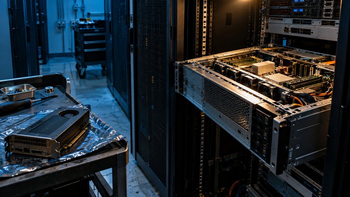 An open enterprise rack server beside an accelerator card in a compact server room with blue and amber lighting, no text, no logos and no faces.