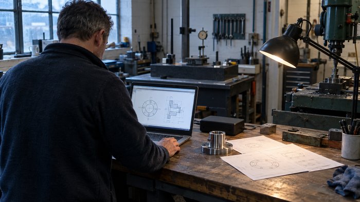 Early morning inside a small British engineering workshop, an IT technician seen from behind checks a recovered technical drawing on a laptop beside a working inspection bench. Printed component drawi