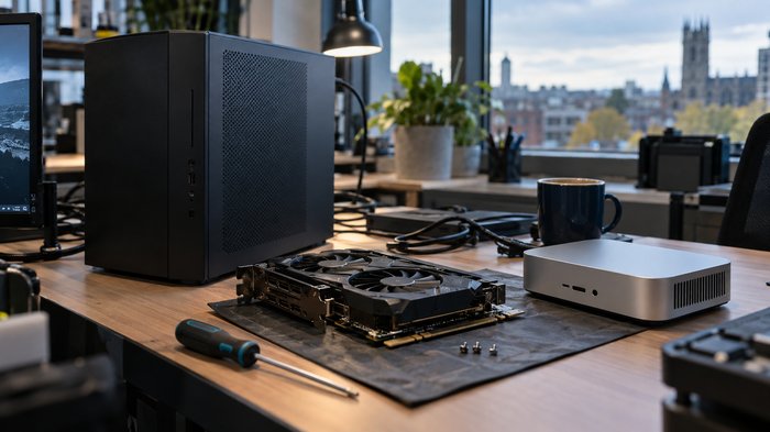 A compact desktop computer and small aluminium computer beside an exposed graphics card on a tidy British office desk, with no text, logos or faces.