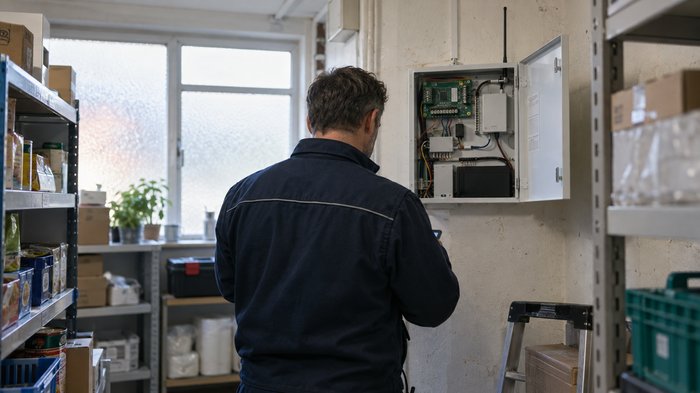 A maintenance engineer seen from behind inspecting an open security alarm cabinet in the stockroom of a small British high-street shop. A compact cellular communicator, antenna cable and neatly labell