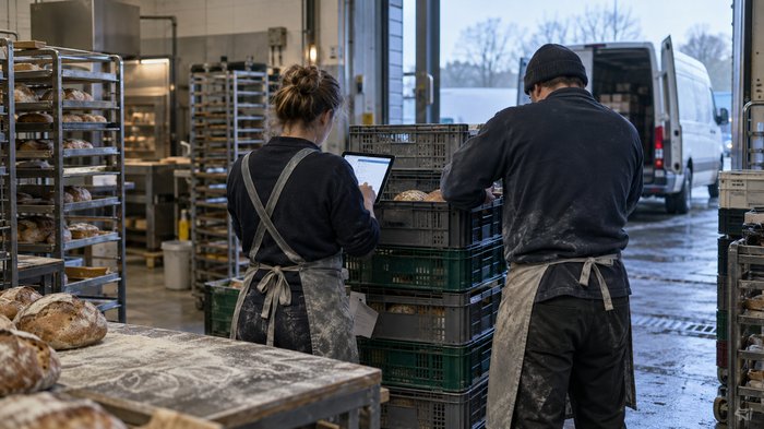 Inside a small British wholesale bakery at early morning dispatch, two staff members seen from behind reconcile stacked delivery crates with an invoice approval screen on a handheld tablet. Stainless