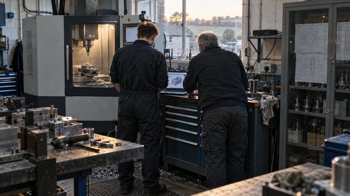 A realistic editorial photograph inside a small British precision engineering workshop in late afternoon. Two staff members, seen from behind with no identifiable faces, review a laptop beside a conne