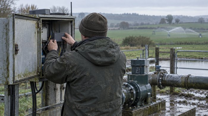 A technician seen from behind replacing a small cellular telemetry unit inside a weathered equipment cabinet beside a British farm irrigation pump. An antenna, labelled-free wiring and the removed mod