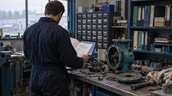 Inside a British engineering distributor’s parts room on an overcast morning, an employee photographed from behind compares a printed maintenance manual with a tablet beside a dismantled industrial pu