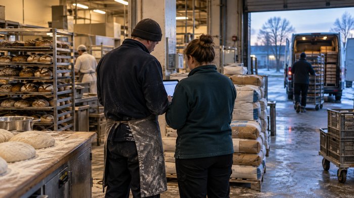 A realistic editorial photograph inside a British independent wholesale bakery at dawn, showing a delivery supervisor and bookkeeper from behind checking a tablet beside stacked flour sacks and stainl