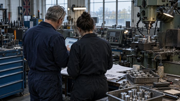 Inside a small British metalworking factory on an overcast autumn morning, an owner and technician seen from behind compare a tablet showing an unbranded production interface with paper job sheets bes