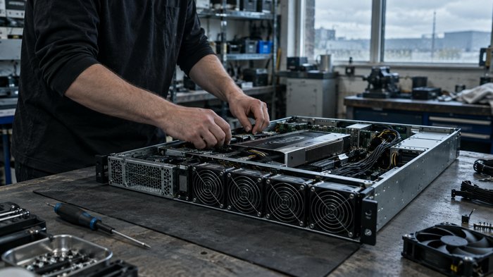 A realistic editorial photograph inside a small British engineering firm's equipment workshop on an overcast afternoon. A technician, visible only from the shoulders down, checks an opened rackmount s