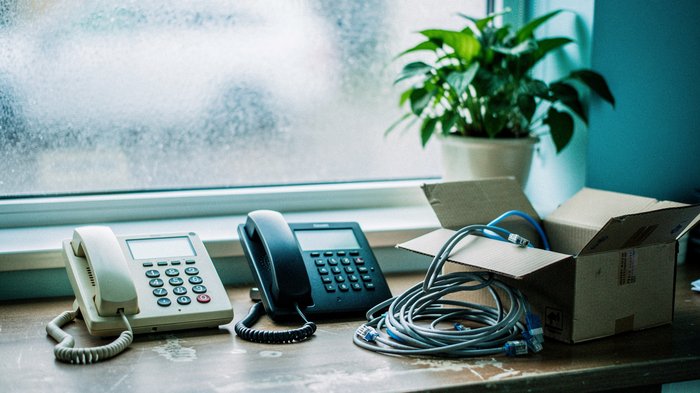 A small UK office reception desk at morning light, an old cream analogue telephone receiver resting beside a new black VoIP desk handset and a half-unpacked cardboard box with coiled cables, a wall ca