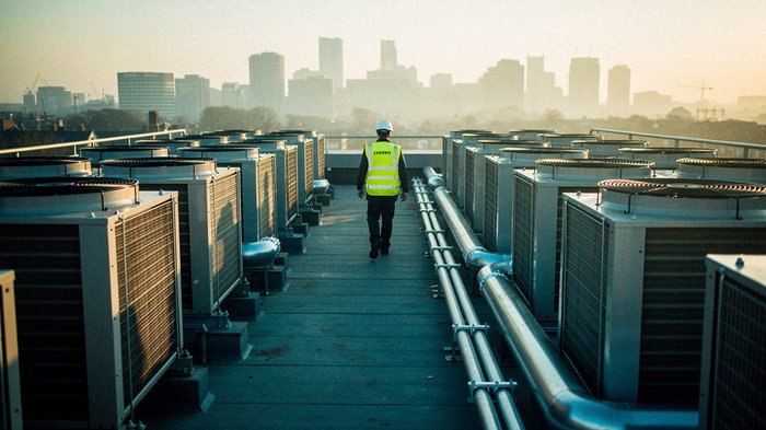 A data centre engineer in a hi-vis vest walks across an external rooftop plant deck at dusk, past rows of large industrial cooling condenser units and thick armoured cable conduits, warm sunset light