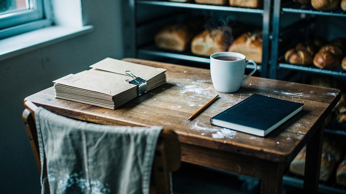 A small UK office desk in daylight, a laptop open on a payslip summary screen with rows of numbers, a stack of paper payslips beside it, a mug and a desk calendar, mid-morning light through a nearby w