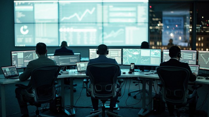A darkened security operations centre at night, several analysts seated at curved desks facing a wall of monitoring dashboards showing line charts and log streams, blue and amber screen glow lighting