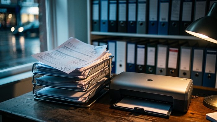 A UK estate agency finance back-office in early evening, a physical in-tray stacked with paper supplier invoices and stamped envelopes sitting beside a flatbed document scanner, box files lined up on