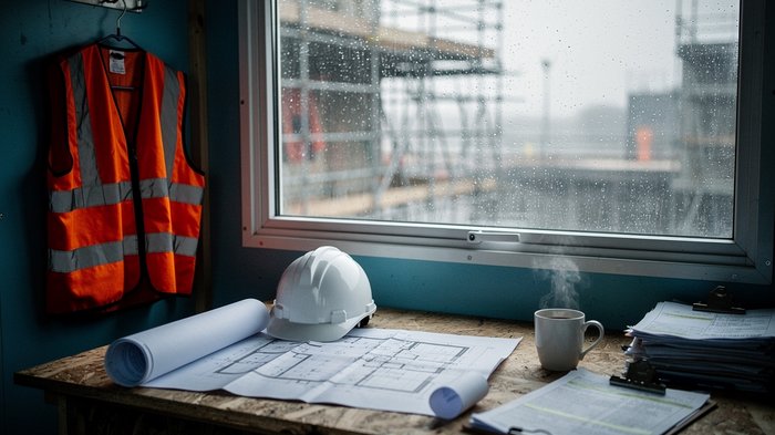 A UK construction site office cabin at early morning, rain-streaked window, a laptop open on a cluttered desk beside a rolled set of drawings and a hi-vis vest on a hook, a mug of tea steaming, muted