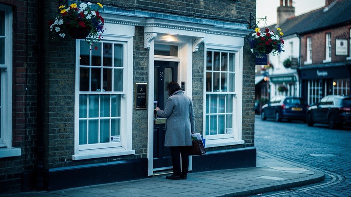 A small UK high-street solicitors' office from outside, on a quiet market town street, an SRA-style brass plaque beside the door, sash windows, early morning light, someone in outline unlocking the do