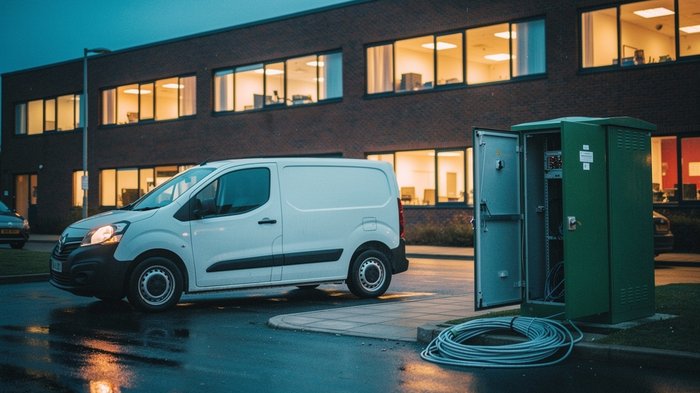 A UK business park at dusk with a small telecoms engineer's van parked beside an open street cabinet, fibre cable coiled nearby, warm office window light in the low-rise building behind, cool blue eve