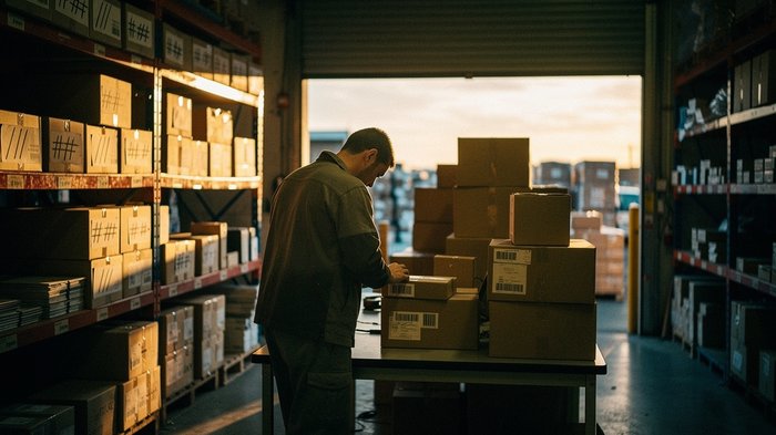 A small independent UK retail warehouse at golden hour, shelves of boxed stock with handwritten location labels, a worker from behind scanning a barcode on a parcel at a packing bench, stacked cardboa