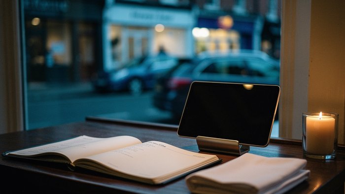 A small independent restaurant's host stand in the early evening before service, a paper reservation diary open beside a tablet on its stand, a UK high street visible through the front window in fadin