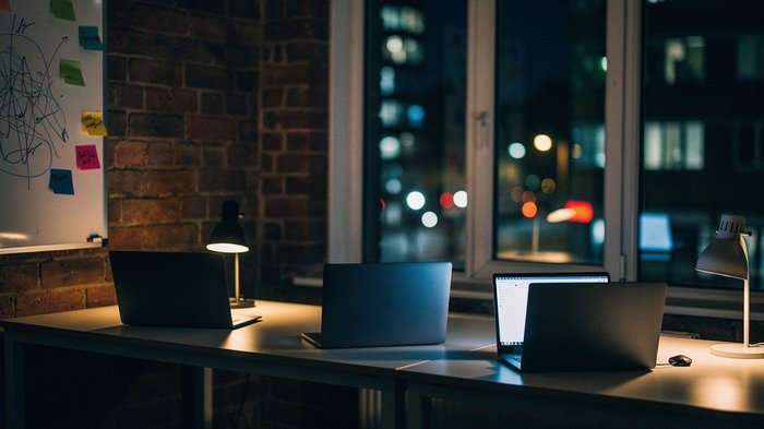 A small UK tech office at night, three desks with laptop screens glowing faintly in an otherwise dim open-plan room, exposed brick wall, a whiteboard with sticky notes visible in soft focus, city ligh