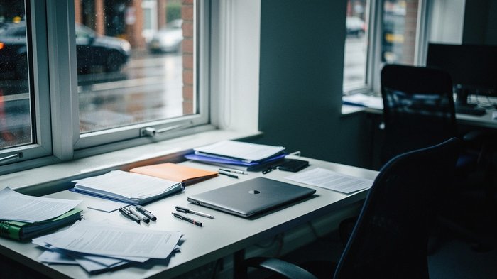 A UK IT manager's desk in a small open-plan office, seen from behind and to the side, papers and a closed laptop lid catching afternoon light through tall sash windows overlooking a wet Manchester str