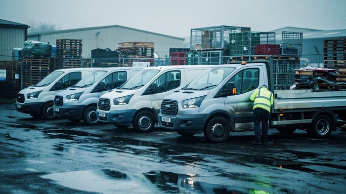 A row of liveried transit vans and a flatbed truck parked in a UK trade yard at early morning, wet tarmac reflecting an overcast sky, a driver seen from behind checking a wheel arch, ordinary yard clu