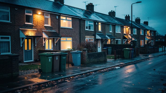 A short terrace of UK rental houses on an ordinary residential street at dusk, a To Let board post visible from behind with no legible text, wheelie bins out, warm window light, damp autumn air, quiet