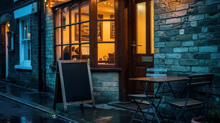 Early evening outside a small independent UK pub or bistro, string lights glowing, a chalkboard specials board propped by the door, a couple of empty outdoor tables with chairs stacked for closing, wa