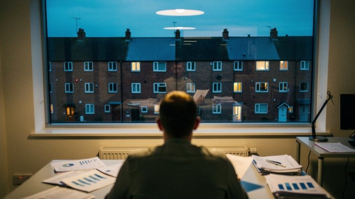A UK housing association office at dusk, rows of terraced social housing visible through a large window, a performance analyst reviewing printed charts and a laptop screen at a plain desk, warm interi
