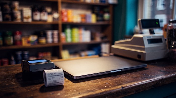 A small independent UK shop counter at closing time, dim warm light, a card reader and a paper receipt roll on the counter, a laptop closed beside an old till, no people, shot from a low angle across