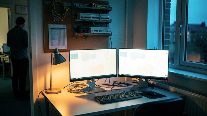 A small UK IT services office at dusk, a single desk with two monitors showing abstract dashboard glow only (no readable text), a noticeboard with cable ties and spare network switches on a shelf behi