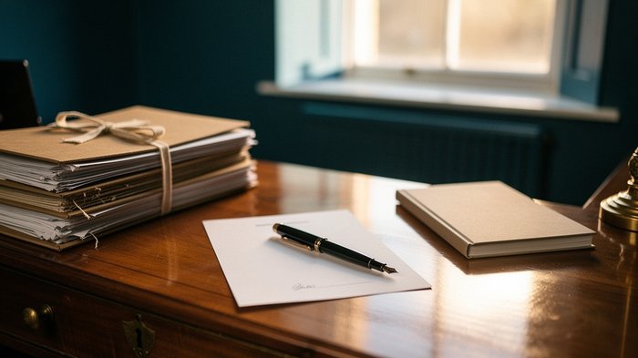 A tidy UK high-street solicitors' or accountants' reception desk in late-afternoon light, a closed laptop beside a stack of paper case files tied with ribbon, a fountain pen resting on a blank signatu