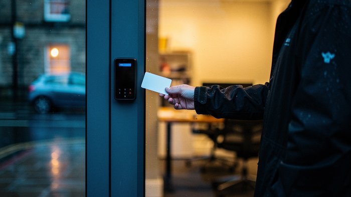 A UK small business office entrance at dusk, an electronic door access reader mounted beside a glass entrance door, a person's hand from behind badging in with a keycard, warm interior office light gl