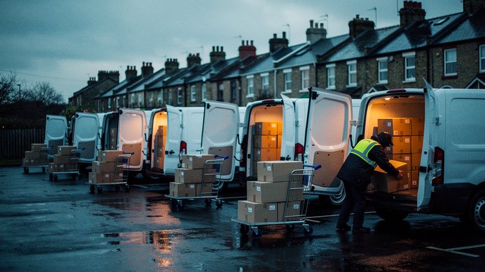 A UK last-mile delivery yard at dawn, a row of white transit vans lined up with rear doors open, cardboard parcels stacked on trolleys beside them, wet tarmac reflecting early light, a driver seen fro