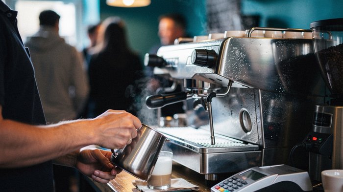 A small independent UK coffee shop counter at mid-morning, barista's hands steaming milk, a compact card payment terminal sitting on the counter beside a till, warm pendant lighting, condensation on t
