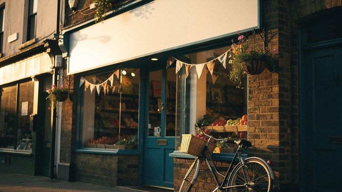 A UK high street shopfront from outside at golden hour, a small independent grocer with a hand-painted sandwich board, hanging baskets and bunting, brick facade, a delivery bike leaning against the wa