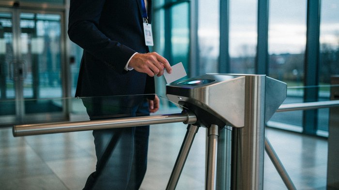 A UK corporate office reception area early morning, an employee badging through a turnstile access gate with a lanyard, glass and steel entrance, soft daylight through tall windows, a quiet moment bef