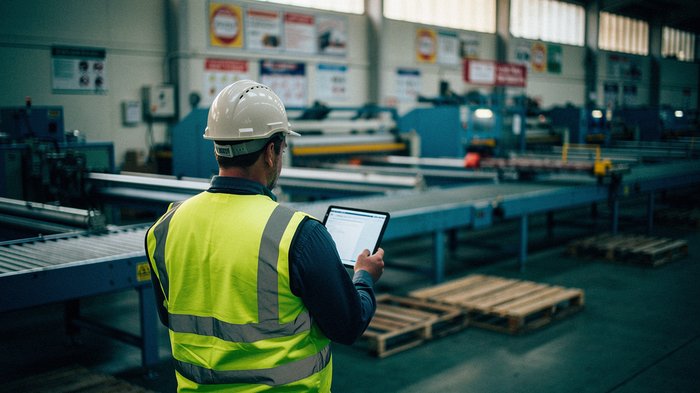 A UK factory shop floor at the start of a shift, wide angle, a supervisor in a hi-vis vest and hard hat holding a tablet near a production line, safety signage visible but unreadable at this distance,