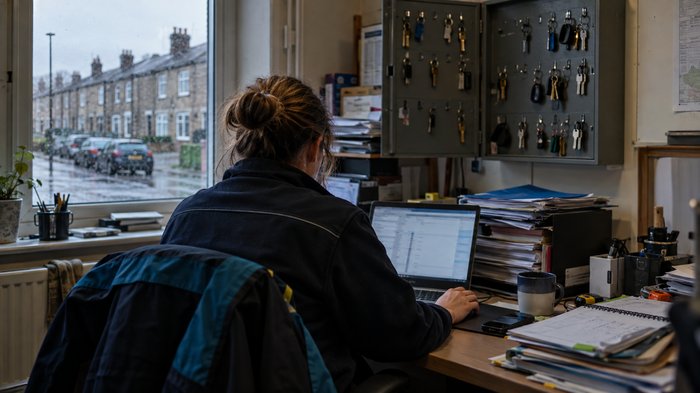 A UK housing association repairs officer at a laptop in a cluttered maintenance office, wall-mounted key cabinet and a stack of property folders behind, overcast morning daylight through a window, gre