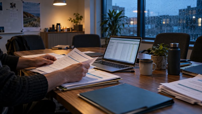 A small UK company’s meeting room at dusk after a staff briefing: an employee’s hands sort printed licence and training documents beside an open laptop showing an unrecognisable spreadsheet, while sev