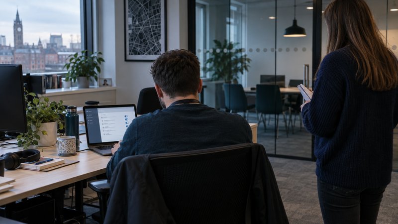 A realistic early morning in a small UK company office: an IT administrator, seen from behind, reviews Microsoft 365 access settings on a laptop while a colleague waits beside them with a notebook. Sh